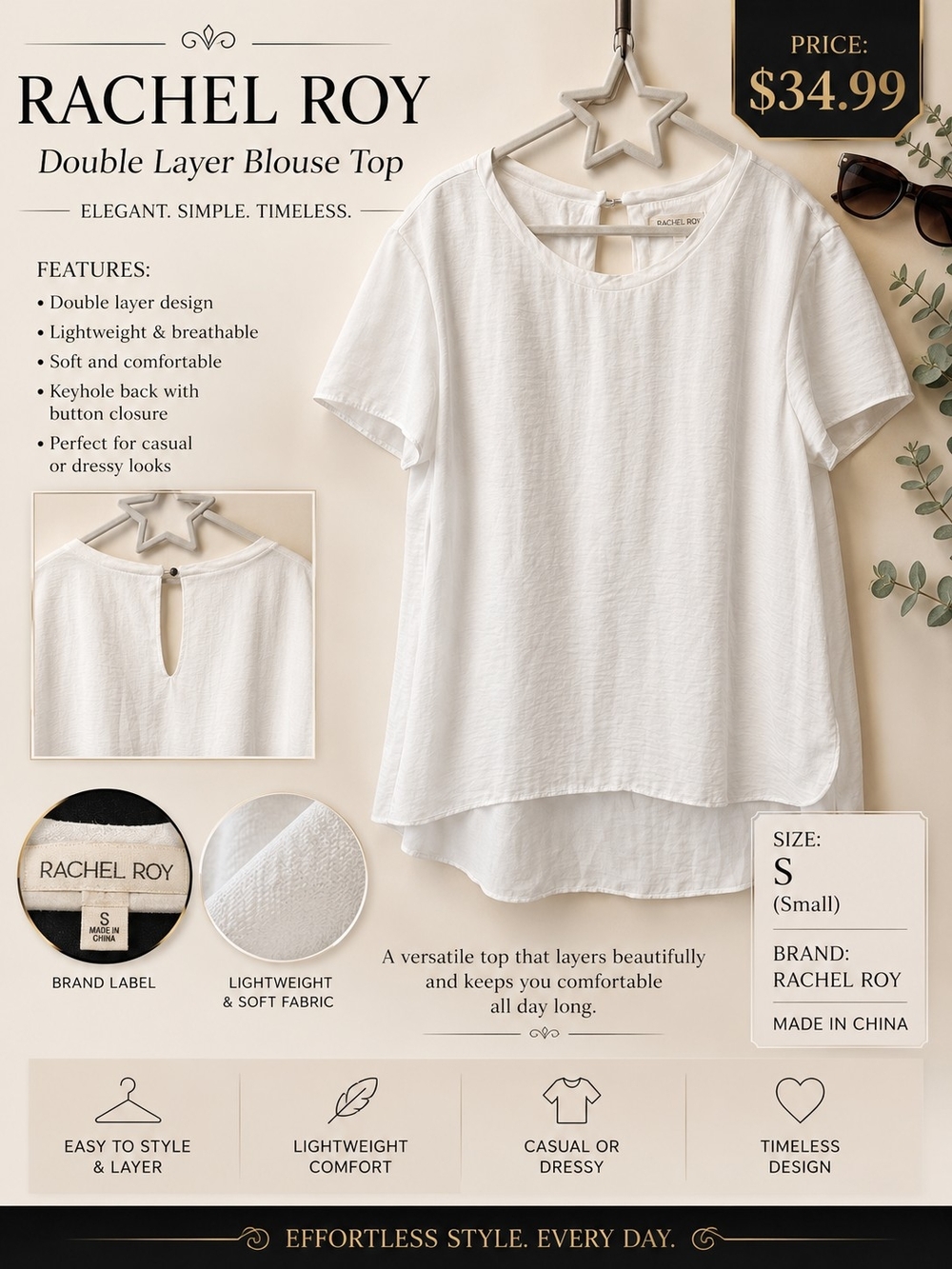 RACHEL Rachel Roy White Short-Sleeve Double-Layer Blouse
